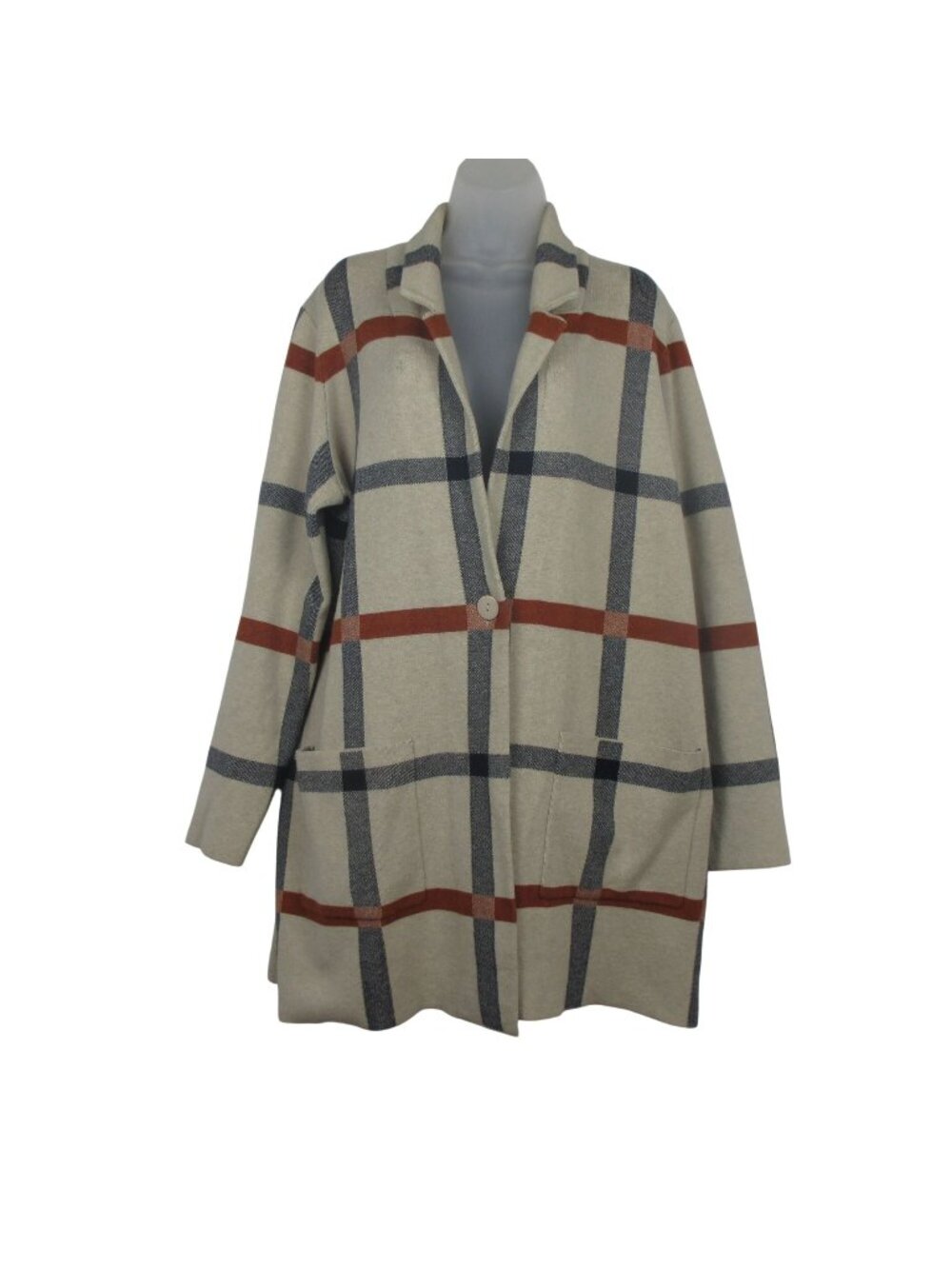 Adrienne Vittadini Womens Plaid Cardigan Coat 1X Beige/Multicolor Polished Style